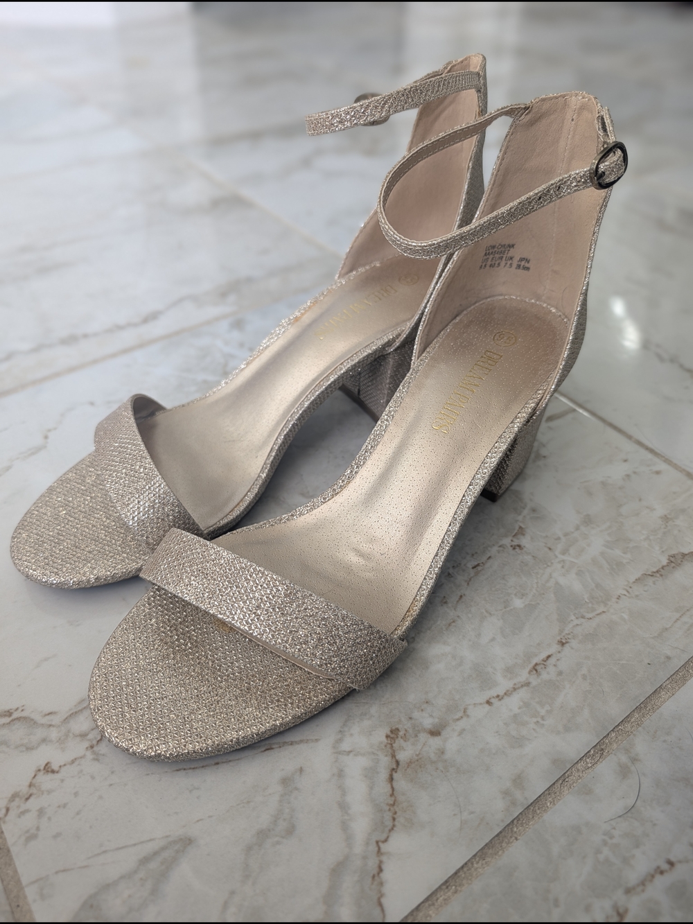 Glitter Block Heel Sandals with Ankle Strap - Champagne Metallic